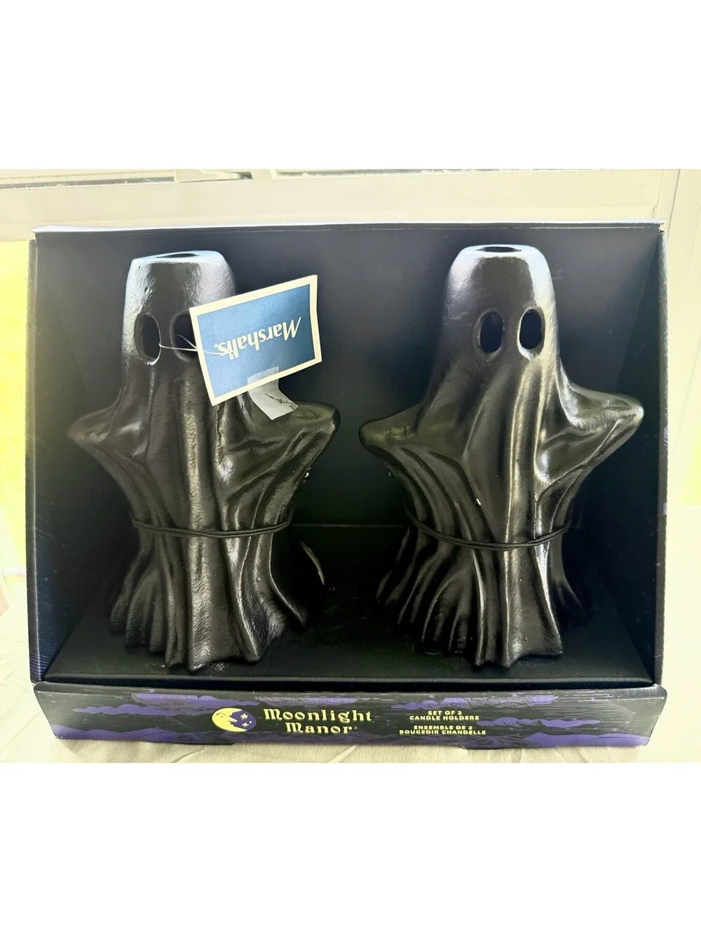 Moonlight Manor Halloween Black Metal Ghost Taper Candle Holder Pair
